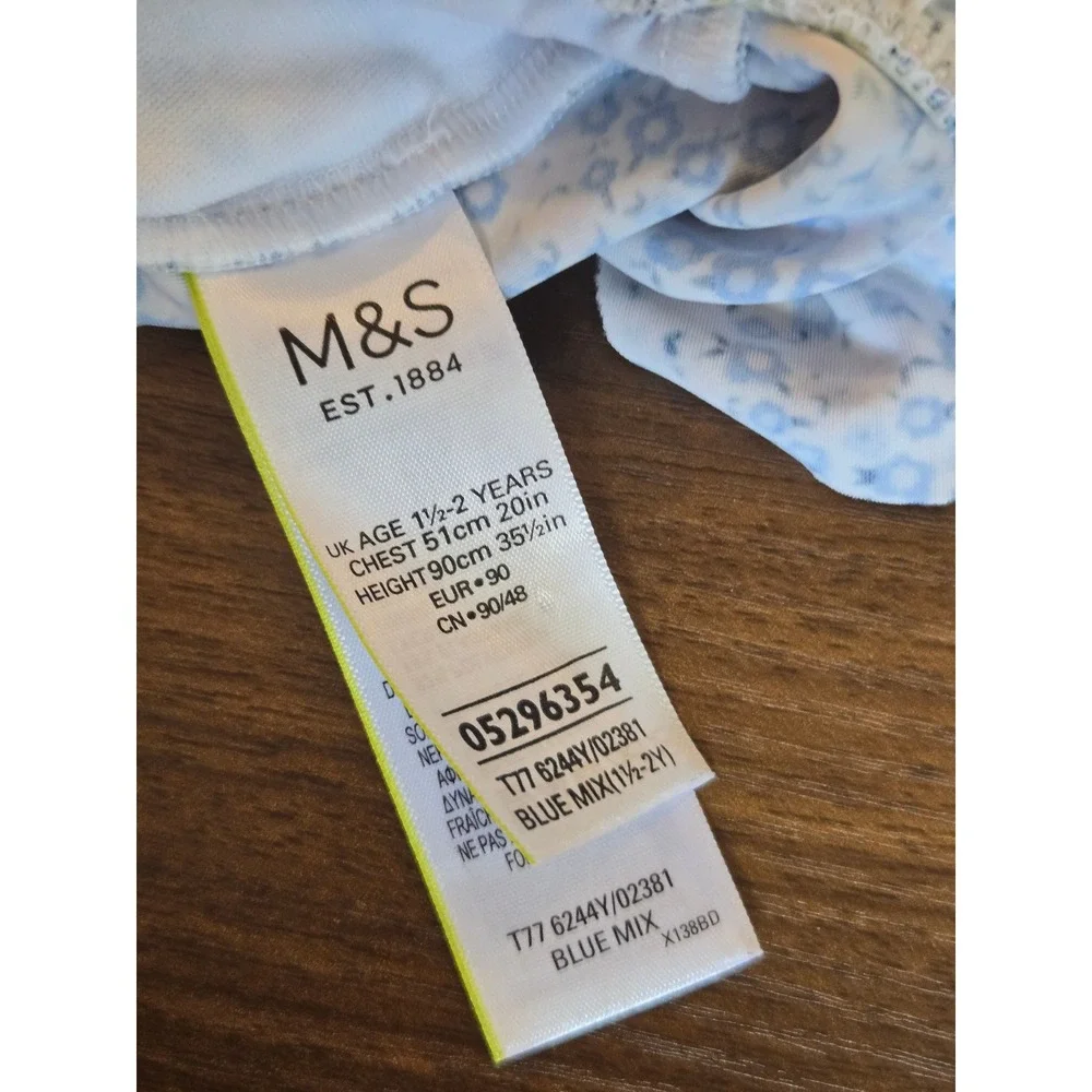 M&S Kids Blue‎ Floral Ditsy Ruffle One Piece Swimsuit Age 1.5-2 Years